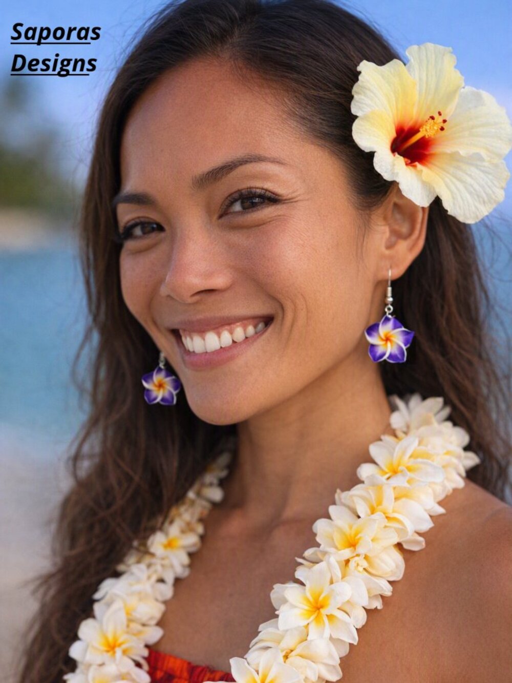 Purple White & Yellow Hawaiian Theme Flower Dangle Earrings